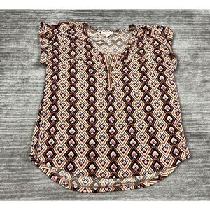 Flower & Feather Top Womens Medium Multicolor Polyester Blend Shortsleeve